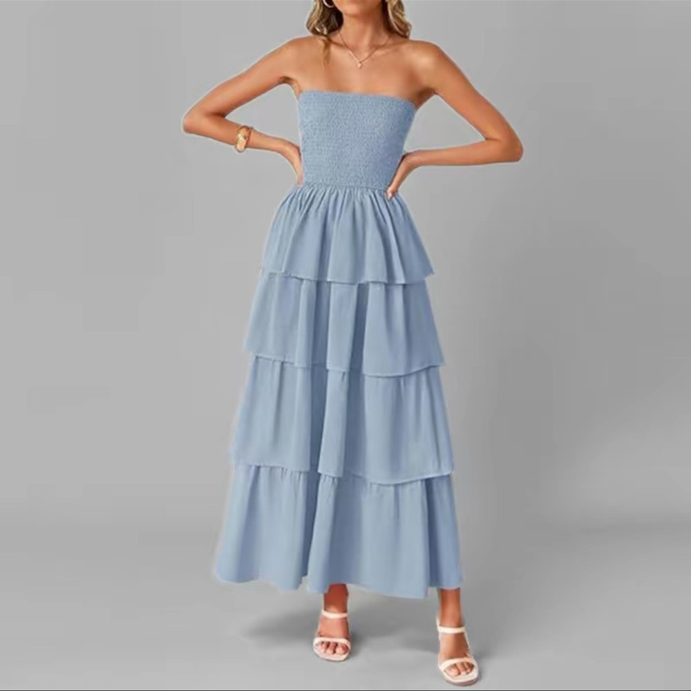 Chic Strapless Light Blue Tiered Dress